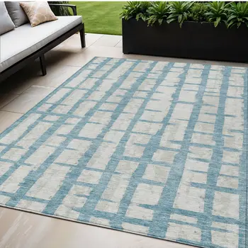 5' X 8' Sky Blue And Gray Striped Washable Indoor Outdoor Area Rug