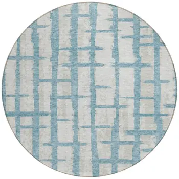 8' Sky Blue And Gray Round Striped Washable Indoor Outdoor Area Rug