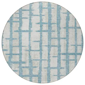 8' Sky Blue And Gray Round Striped Washable Indoor Outdoor Area Rug