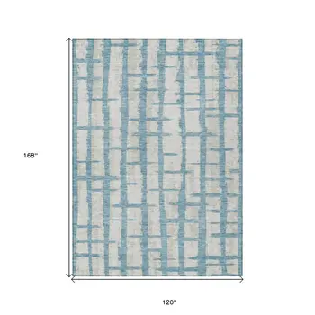 10' X 14' Sky Blue And Gray Striped Washable Indoor Outdoor Area Rug