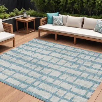 10' X 14' Sky Blue And Gray Striped Washable Indoor Outdoor Area Rug