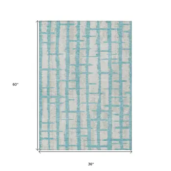 3' X 5' Teal Blue And Gray Striped Washable Indoor Outdoor Area Rug