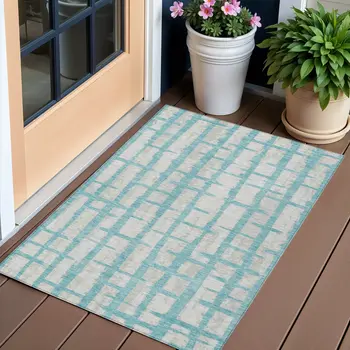 3' X 5' Teal Blue And Gray Striped Washable Indoor Outdoor Area Rug