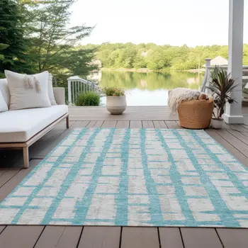 3' X 5' Teal Blue And Gray Striped Washable Indoor Outdoor Area Rug
