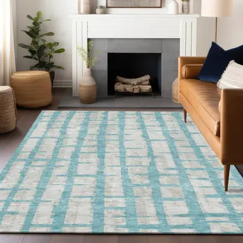 3' X 5' Teal Blue And Gray Striped Washable Indoor Outdoor Area Rug