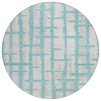 8' Teal Blue And Gray Round Striped Washable Indoor Outdoor Area Rug
