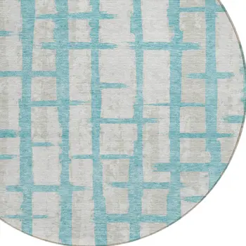 8' Teal Blue And Gray Round Striped Washable Indoor Outdoor Area Rug