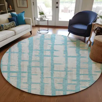 8' Teal Blue And Gray Round Striped Washable Indoor Outdoor Area Rug