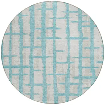 8' Teal Blue And Gray Round Striped Washable Indoor Outdoor Area Rug