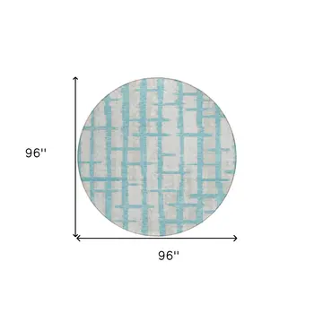 8' Teal Blue And Gray Round Striped Washable Indoor Outdoor Area Rug