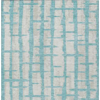 9' X 12' Teal Blue And Gray Striped Washable Indoor Outdoor Area Rug