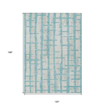 10' X 14' Teal Blue And Gray Striped Washable Indoor Outdoor Area Rug