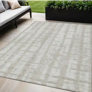 5' X 8' Taupe And Beige Striped Washable Indoor Outdoor Area Rug