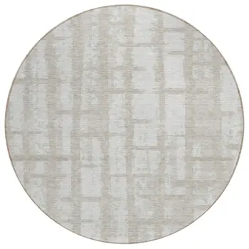 8' Taupe And Beige Round Striped Washable Indoor Outdoor Area Rug