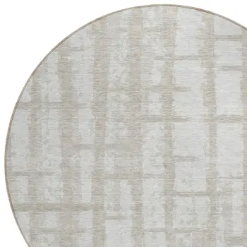 8' Taupe And Beige Round Striped Washable Indoor Outdoor Area Rug