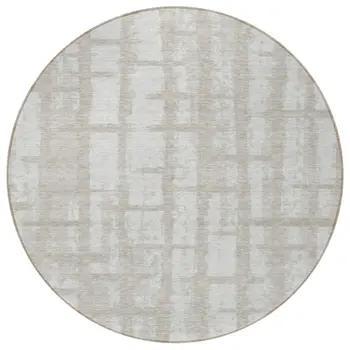 8' Taupe And Beige Round Striped Washable Indoor Outdoor Area Rug