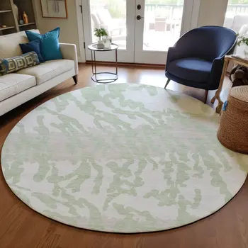 8' Artichoke Green Beige And Ivory Round Animal Print Washable Indoor Outdoor Area Rug