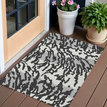 3' X 5' Black Gray And Ivory Animal Print Washable Indoor Outdoor Area Rug