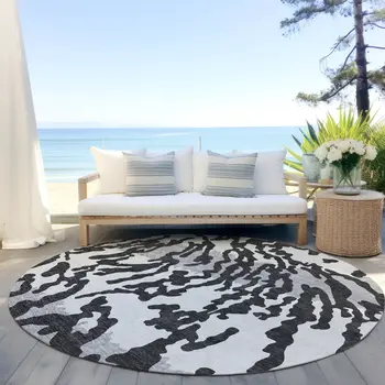 8' Black Gray And Ivory Round Animal Print Washable Indoor Outdoor Area Rug
