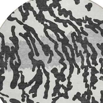 8' Black Gray And Ivory Round Animal Print Washable Indoor Outdoor Area Rug