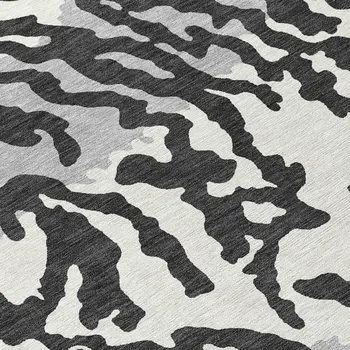 8' Black Gray And Ivory Round Animal Print Washable Indoor Outdoor Area Rug
