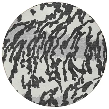 8' Black Gray And Ivory Round Animal Print Washable Indoor Outdoor Area Rug