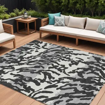 8' X 10' Black Gray And Ivory Animal Print Washable Indoor Outdoor Area Rug