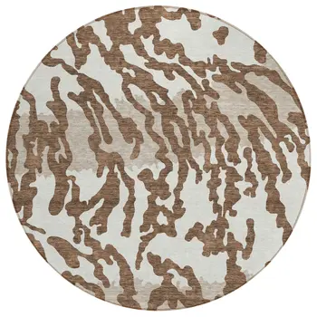8' Chocolate Beige And Ivory Round Animal Print Washable Indoor Outdoor Area Rug