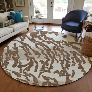 8' Chocolate Beige And Ivory Round Animal Print Washable Indoor Outdoor Area Rug