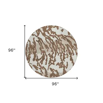 8' Chocolate Beige And Ivory Round Animal Print Washable Indoor Outdoor Area Rug
