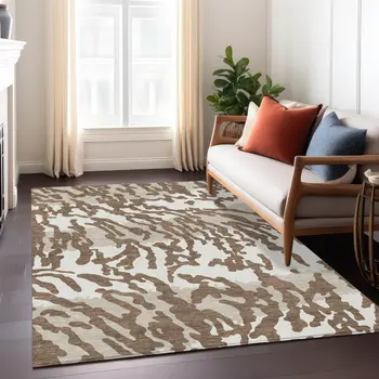 10' X 14' Chocolate Beige And Ivory Animal Print Washable Indoor Outdoor Area Rug