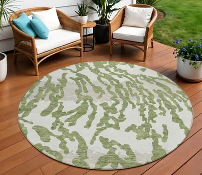 8' Green Gray And Ivory Round Animal Print Washable Indoor Outdoor Area Rug