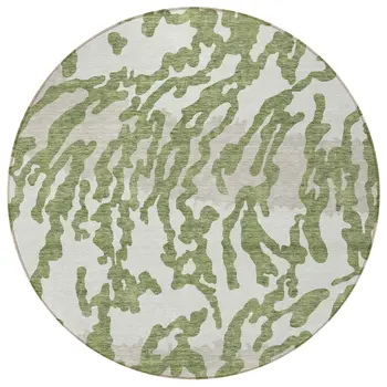 8' Green Gray And Ivory Round Animal Print Washable Indoor Outdoor Area Rug