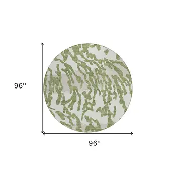 8' Green Gray And Ivory Round Animal Print Washable Indoor Outdoor Area Rug