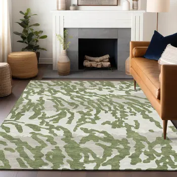 10' X 14' Green Gray And Ivory Animal Print Washable Indoor Outdoor Area Rug