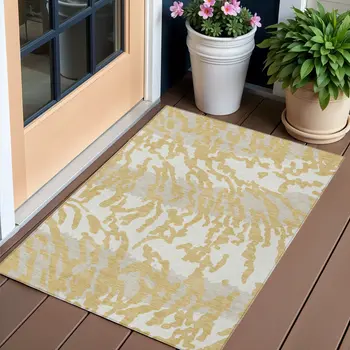 3' X 5' Gold Gray And Ivory Animal Print Washable Indoor Outdoor Area Rug