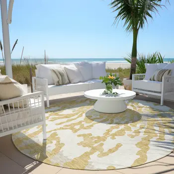 8' Gold Gray And Ivory Round Animal Print Washable Indoor Outdoor Area Rug