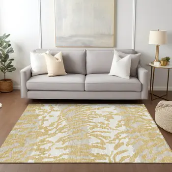8' X 10' Gold Gray And Ivory Animal Print Washable Indoor Outdoor Area Rug