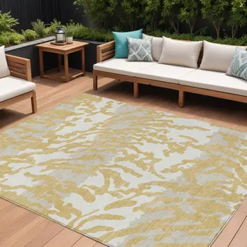 9' X 12' Gold Gray And Ivory Animal Print Washable Indoor Outdoor Area Rug