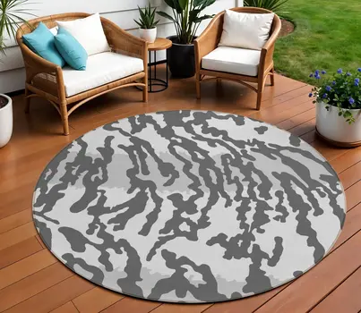 8' Gray And Ivory Round Animal Print Washable Indoor Outdoor Area Rug