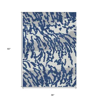 3' X 5' Navy Blue Gray And Ivory Animal Print Washable Indoor Outdoor Area Rug