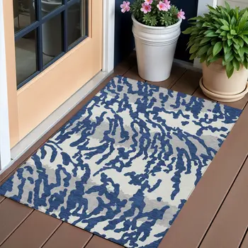 3' X 5' Navy Blue Gray And Ivory Animal Print Washable Indoor Outdoor Area Rug