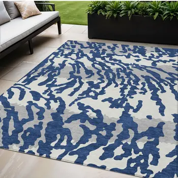 5' X 8' Navy Blue Gray And Ivory Animal Print Washable Indoor Outdoor Area Rug
