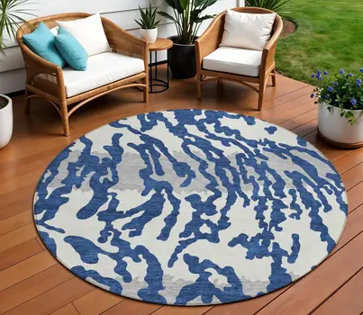 8' Navy Blue Gray And Ivory Round Animal Print Washable Indoor Outdoor Area Rug