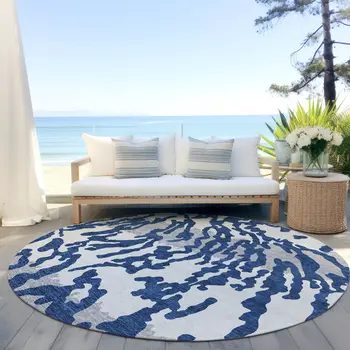 8' Navy Blue Gray And Ivory Round Animal Print Washable Indoor Outdoor Area Rug