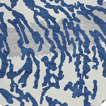 8' Navy Blue Gray And Ivory Round Animal Print Washable Indoor Outdoor Area Rug