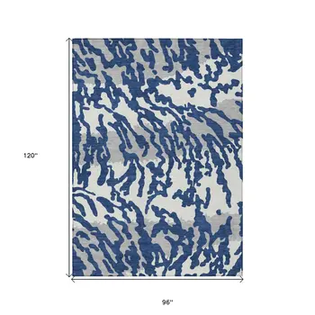 8' X 10' Navy Blue Gray And Ivory Animal Print Washable Indoor Outdoor Area Rug