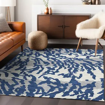 10' X 14' Navy Blue Gray And Ivory Animal Print Washable Indoor Outdoor Area Rug