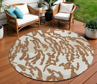 8' Brown Beige And Ivory Round Animal Print Washable Indoor Outdoor Area Rug