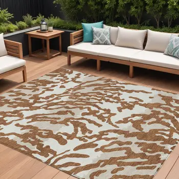 10' X 14' Brown Beige And Ivory Animal Print Washable Indoor Outdoor Area Rug